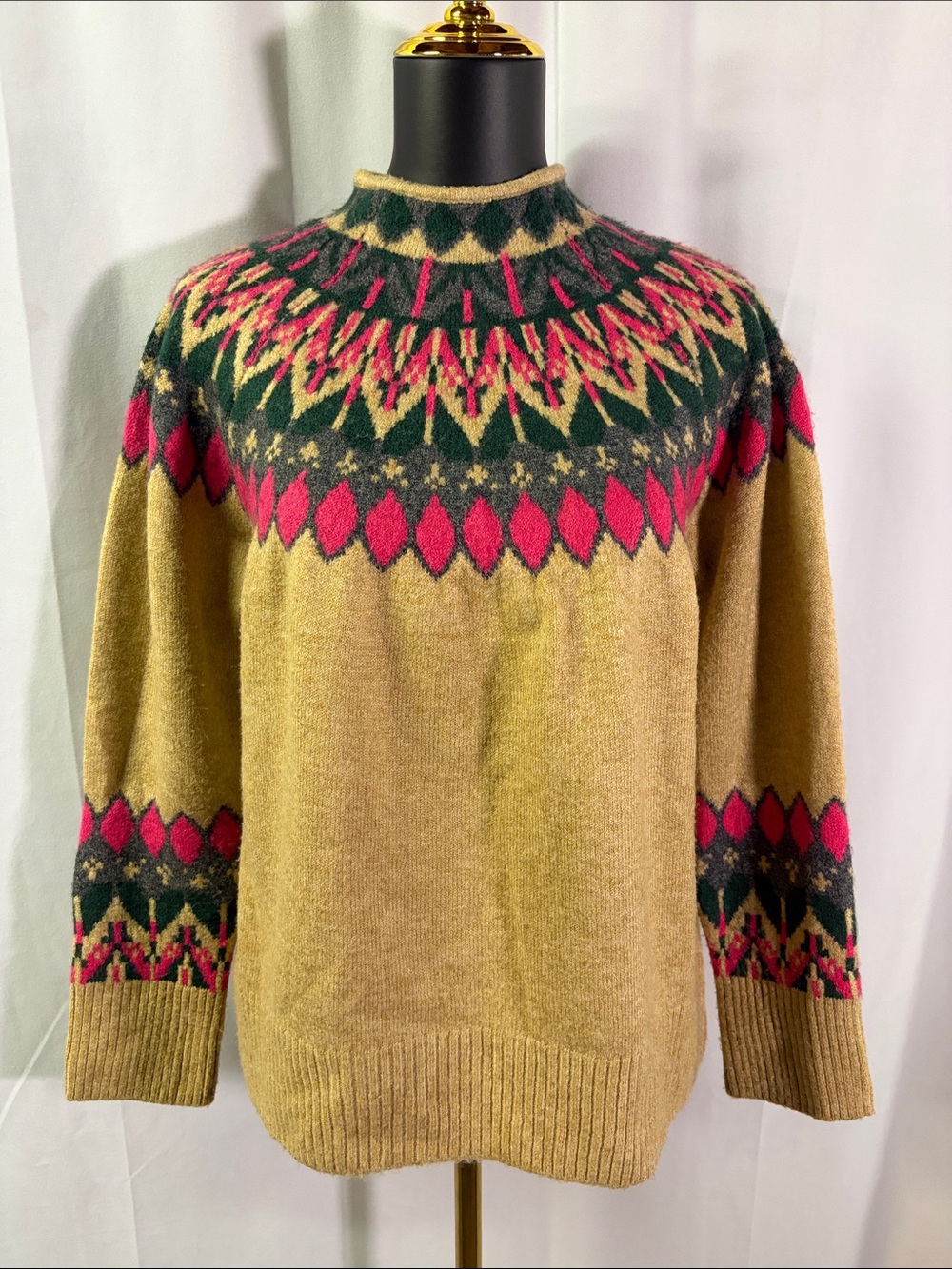 CeCe Tan Pink & Green Fair Isle Long Sleeve Mock Neck Sweater